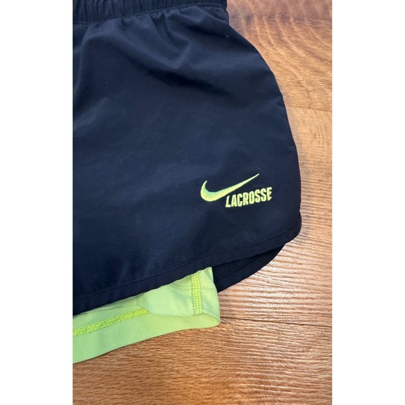 Nike Lacrosse Dri-Fit Shorts Womens Medium Black Neon Green 2-in-1 Running - Picture 2 of 8